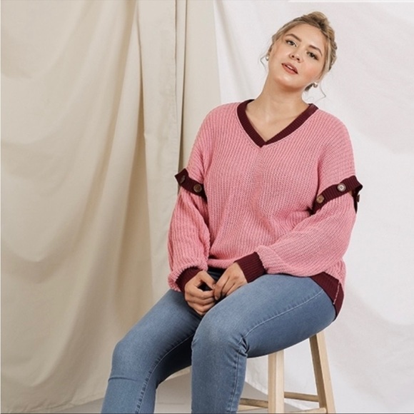 Umgee Plus Size Detachable Sleeve V-Neck Sweater - Picture 2 of 16